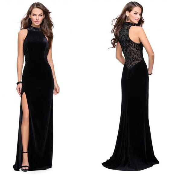 La Femme Black HIgh Neckline Velvet Fitted Formal Gown Size 8 Side Slit 25559 - Picture 1 of 12